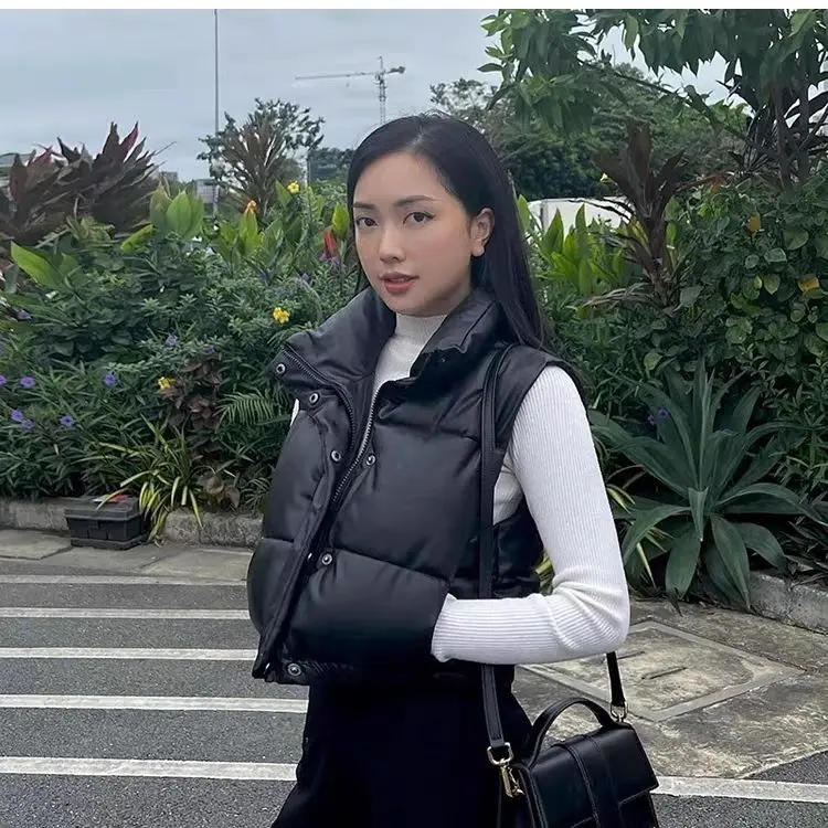 Herfst Winter Korea Stijl Gewatteerd Vest Vrouwen Geruit Trekkoord Geplooid Staande Kraag Pu Leren Korte Vest Jassen Voor Vrouwen