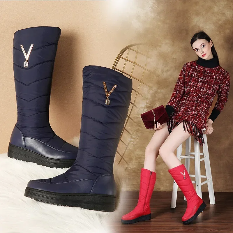 2024 Winter Women Knee-high Snow Boots Waterproof Blue Down Anti-slip Wedge Platform Flat Heels Crystal Ladies Zipper Long Boots