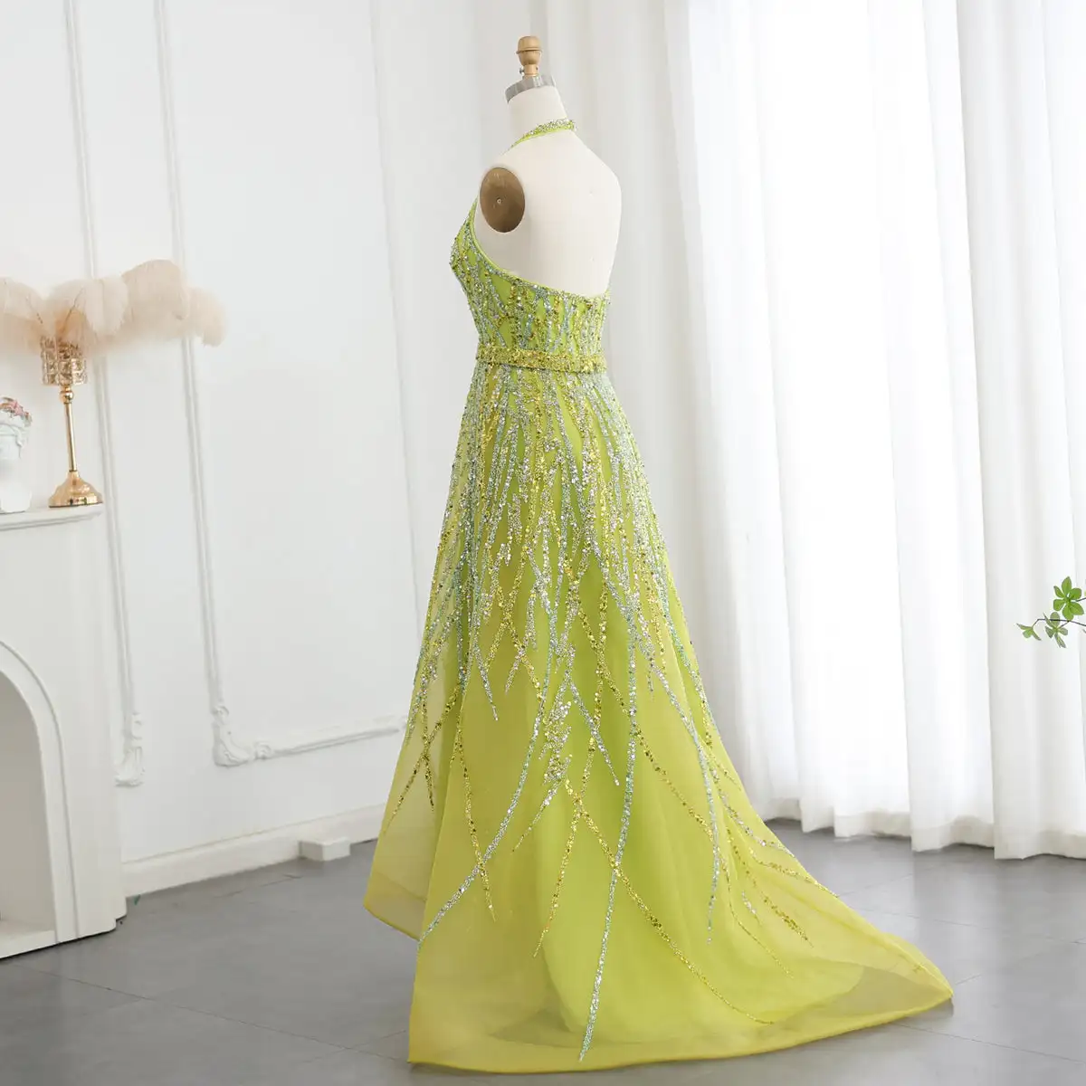 Jancember Beaded Lemon Green Arabic Evening Dresses With Halter High Low Dubai Women Wedding Party Gowns Lsz472