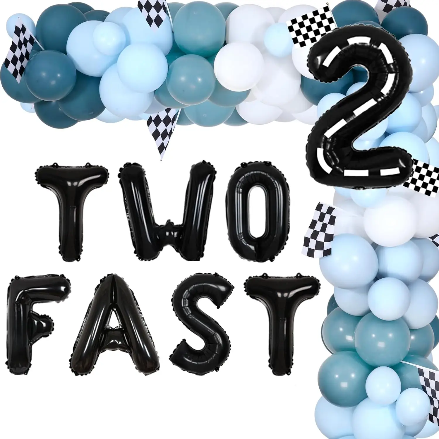 

joymemo Vintage Two Fast Birthday Decorations Retro Blue Race Car Balloon Garland Kit Two Fast 2 Foil Balloon 2nd Birthday Party