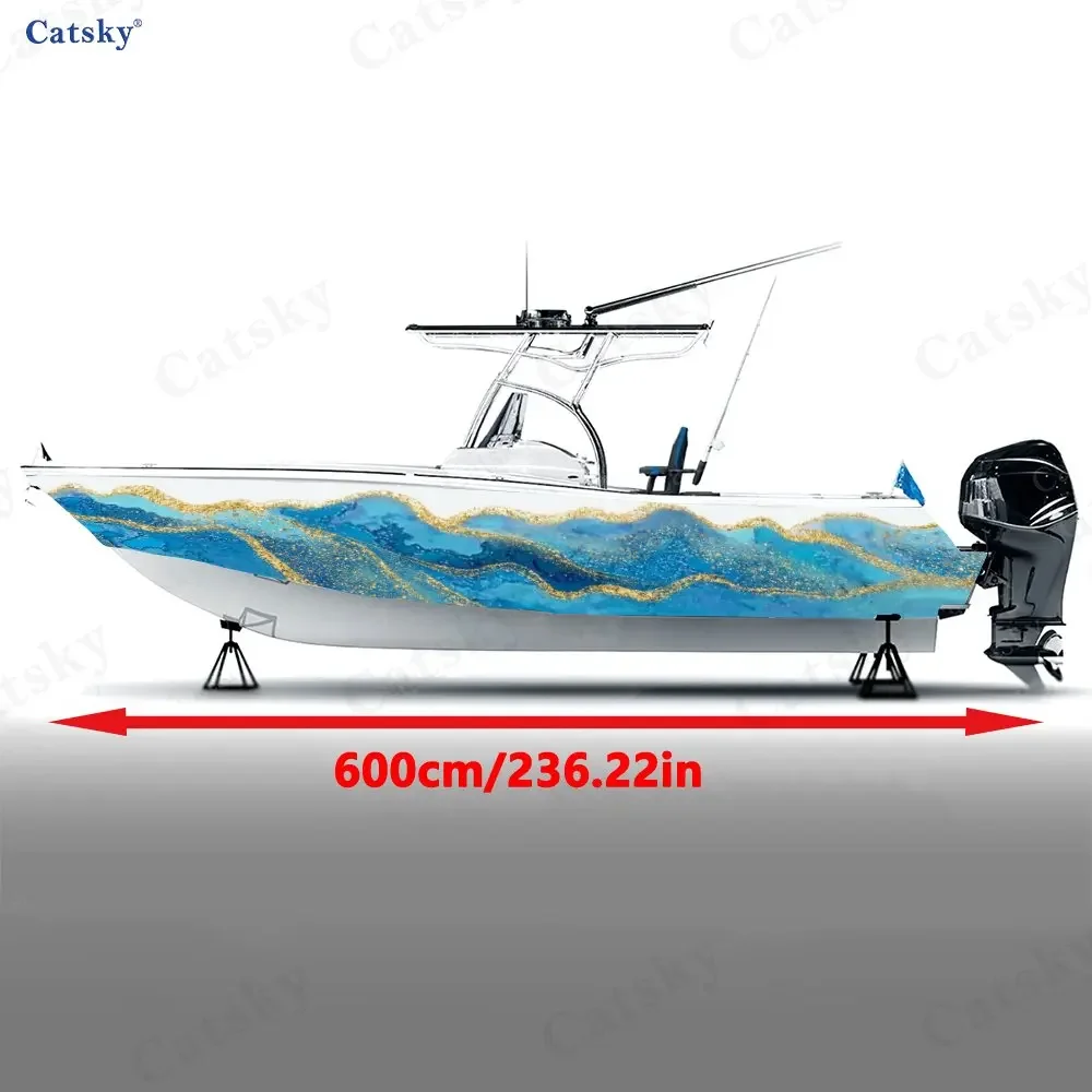 2Pcs Refined Blue & Gold Wave Boat Wrap, PVC Waterproof Durable Vinyl Wrap Decals for Fishing Boats, Durable and Stylish Design