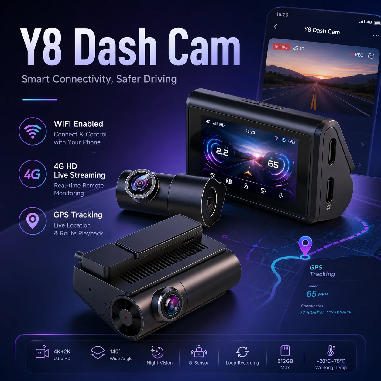 

XFY For Sony Y8 Dashcam Front and Rear 4K+2K HDR Dual Dashcam STARVIS 2 Night Vision Voice Control Built-in 128G 5.8Ghz WiFi