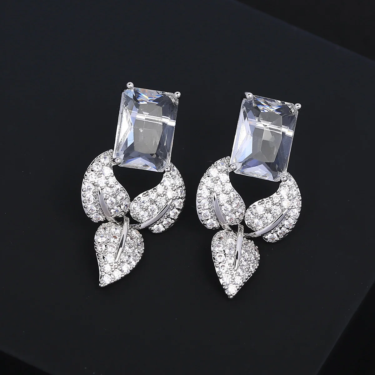 

925 Silver Needle Luxury Leaf Square Green Gemstone Stud Earrings, Elegant Bridal Wedding Jewelry Gift for Women