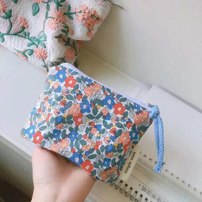 Summer Fresh Floral Print Cotton Coin Purse Mini Storage Small Cloth Bag Headphone Bag Travel Cosmetic Pouch Make Up Storage Bag