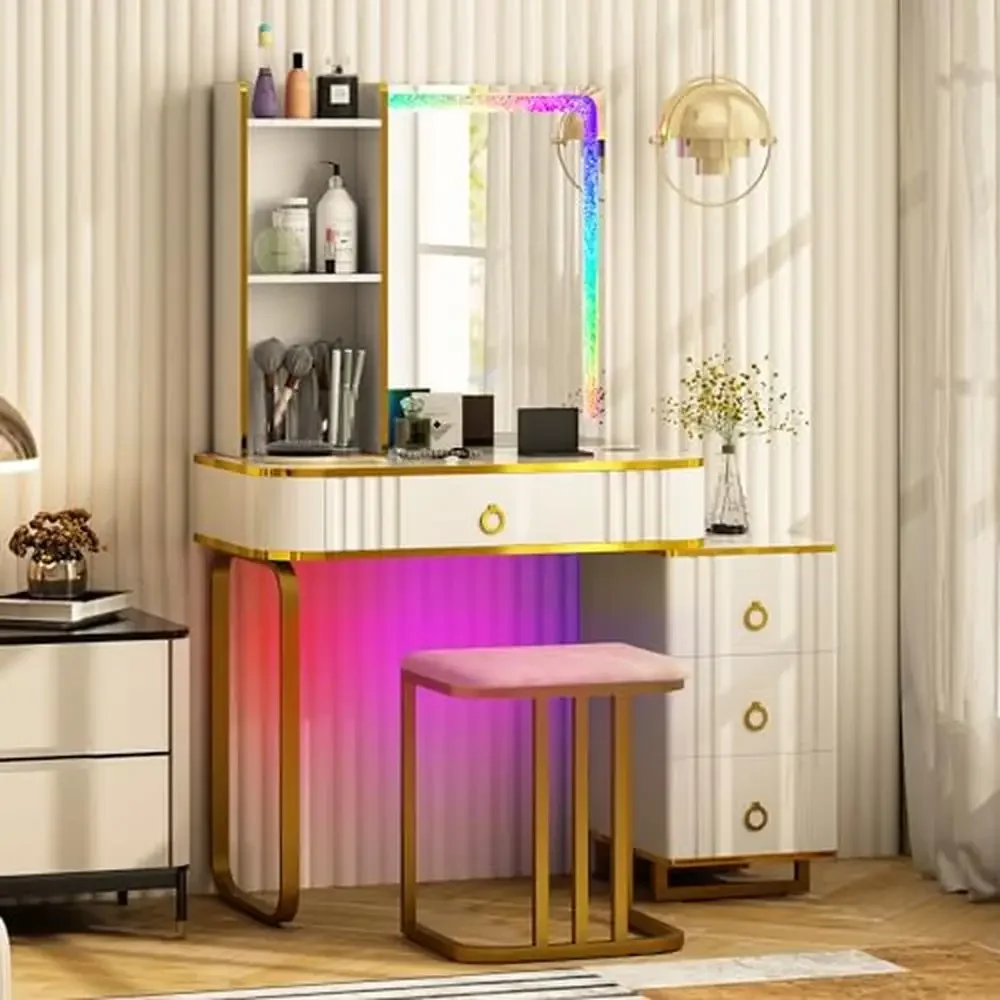 

Vanity Desk with RGB LED Lights 7 Dynamic & 7 Static Modes 3-Drawer Chest 3 Shelves Jewelry Organizer USB Type-C Fast Charging