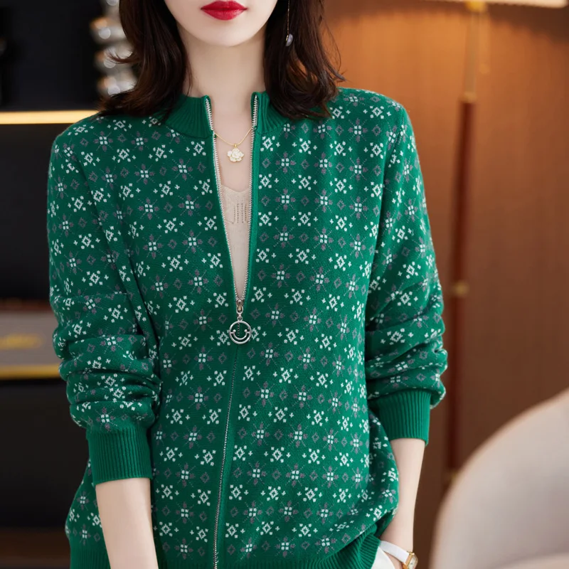 

Осень-зима, женский жаккардовый свитер из 100% хлопка с цветными блоками, кардиган с круглым вырезом, новая верхняя одежда, вязаная теплая куртка на молнии