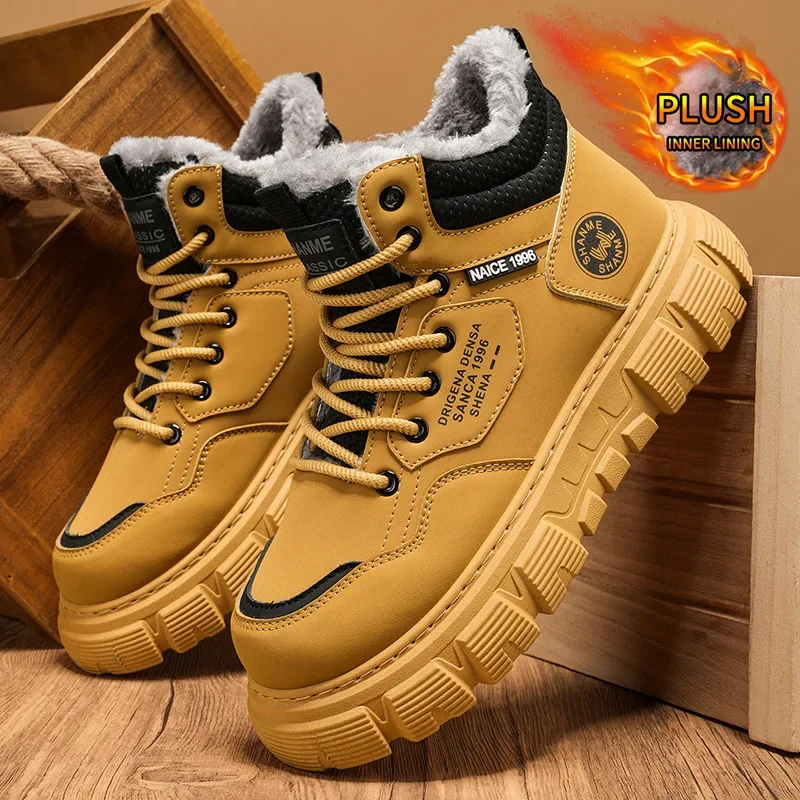Winter Velvet High Top Men's Boots Yellow Thick Cotton Workwear Shoes with Thick Sole Height Increasing Warm Men's Footwear