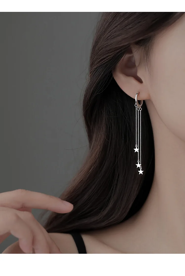 MEEKCAT 925 Sterling Silver Star Long Tassel Hoop Earrings For Women Fashion Female Fine Jewelry 2021 Fall New Arrival