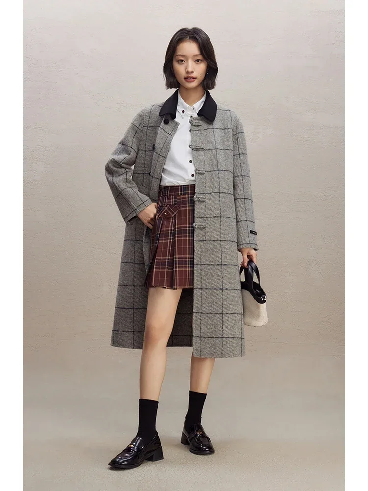 ZIQIAO Retro Plaid Double-sided Woolen Coat for Women 2023 Winter Chic Design Contrast Color Mid-length 100% Wool Coats Female