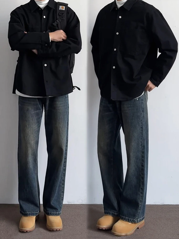 

Модные темно-синие мужские джинсы с подкладкой, в американском ретро-стиле, прямые, рабочие брюки, с высокой талией, длинные, летние, модные