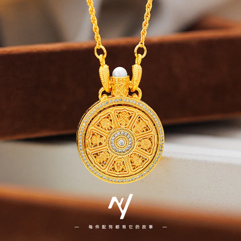 

Barui 9999 24K Real Gold Zircon Necklace Heavy Industry Double Fish Hook Rotating Micro Inlay Eight Treasure Compass Necklace