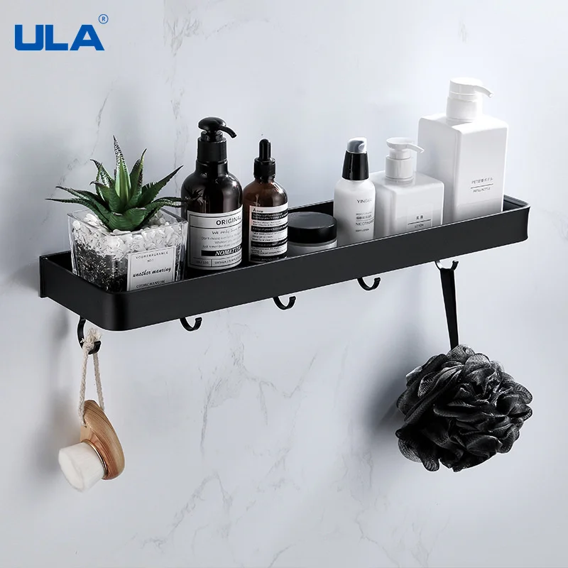 ULA Black Bathroom Shelf 30/40/50/60 cm Kitchen Wall Shelf Shower Holder Storage Rack Towel Bar Robe Hooks Bathroom Accessories