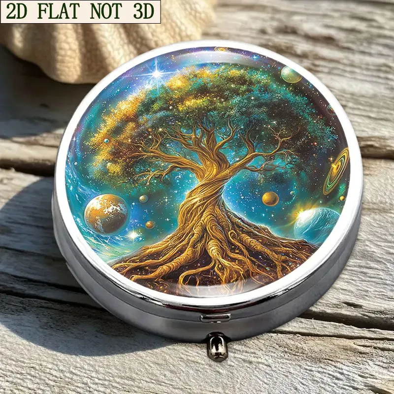 Single piece, flat, round box, Tree of Life surrounded by stars, elegant box with a theme of life. Storage box, decorative vitamin storage box, 3-compartment portable medicine and vitamin storage box, suitable for handbags or travel