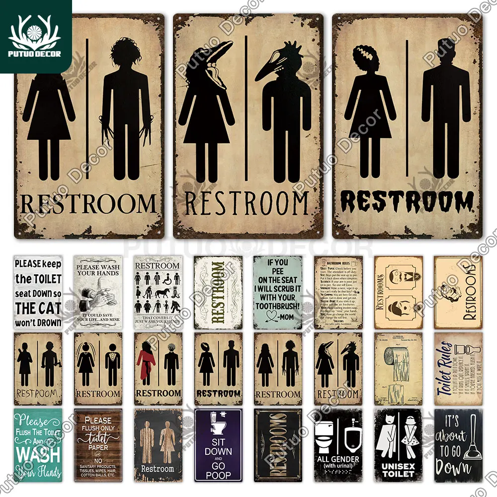 Putuo Decor Restroom Tin Sign Vintage Bathroom Plaque Metal Wall Art Posters for Toilet Decoration Accessories Iron Paintings