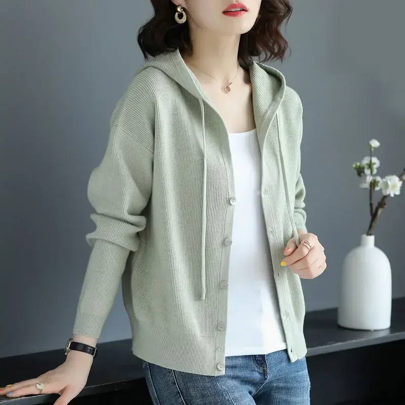 

Spring Clothes Women 2023 Knitted Cardigan Korean Fashion Casual Long Sleeve Top Button Up Hooded Knitwears Sweater Coat