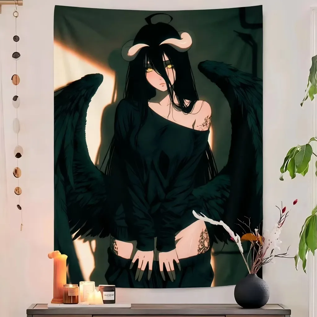 Albedo Black Wing Gothic Tapestry, Horn Tattoo Warm Shadow Light Print Wall Hanging Decor for Bedroom Dorm Teen Room Grunge Gift