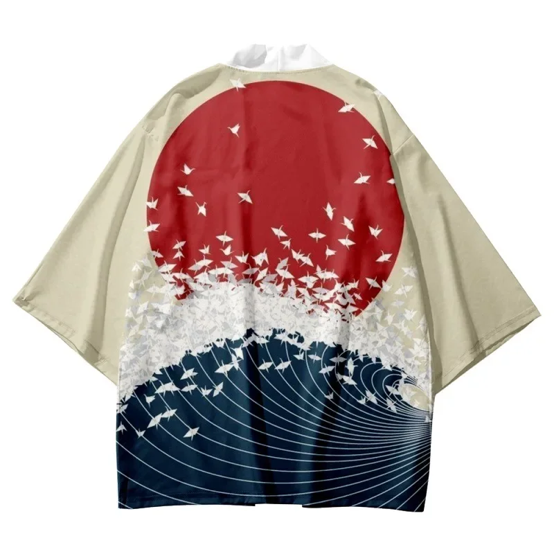 أزياء الأحمر الشمس الآسيوية الملابس 2025 اليابانية طباعة كيمونو قمصان الرجال فضفاض الساموراي سترة قمم