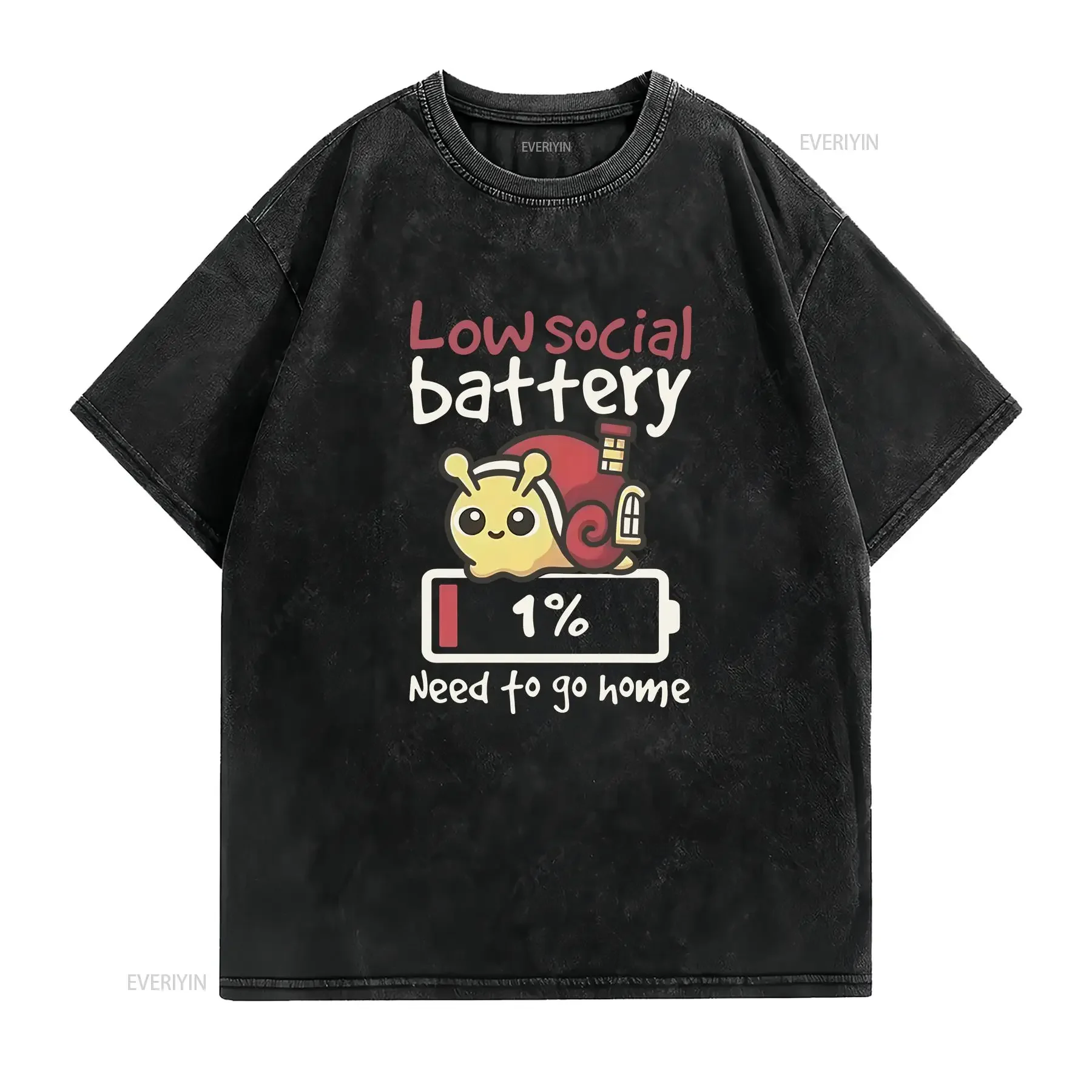 Low Social Battery Snail T Shirt Funny Introvert Anti Ironic Humor vintage Washed streetwear fashion Soft Stylish Versatile