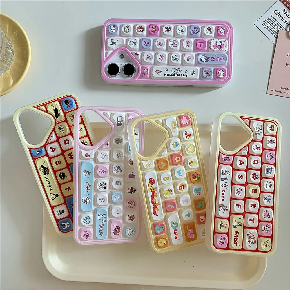 Cute Creative Cartoon Keyboard Kuromi Hello Kitty Case For iPhone 13 12 14 15 16Pro Max Christmas Gift Santa Claus clavier Cover