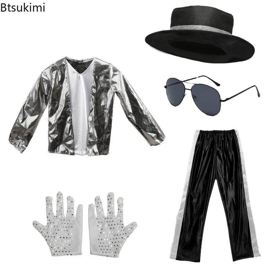 Disfraz de Michael Jackson Billie Jean para Niños, Traje Negro para Cosplay, Baile, Discoteca, Halloween, Disfraz de Rey del Pop de los 80, Pantalones y Camiseta