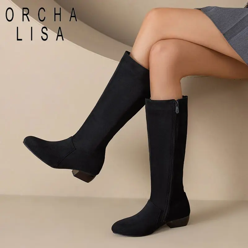 

Женские зимние сапоги ORCHA LISA из замши с начесом, средней длины, с круглым носком, на толстом каблуке 3 см, на молнии, большие размеры 45, 46, 47, повседневные, в стиле «кинг-ботас»