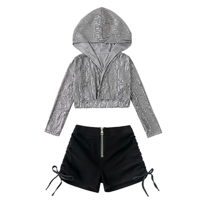 Kinder Hip Hop Street Kleidung Silber Pailletten Jacke Schwarz Reißverschluss Shorts Silber Hosen für Mädchen Streetwear Jazz Dance Kleidung