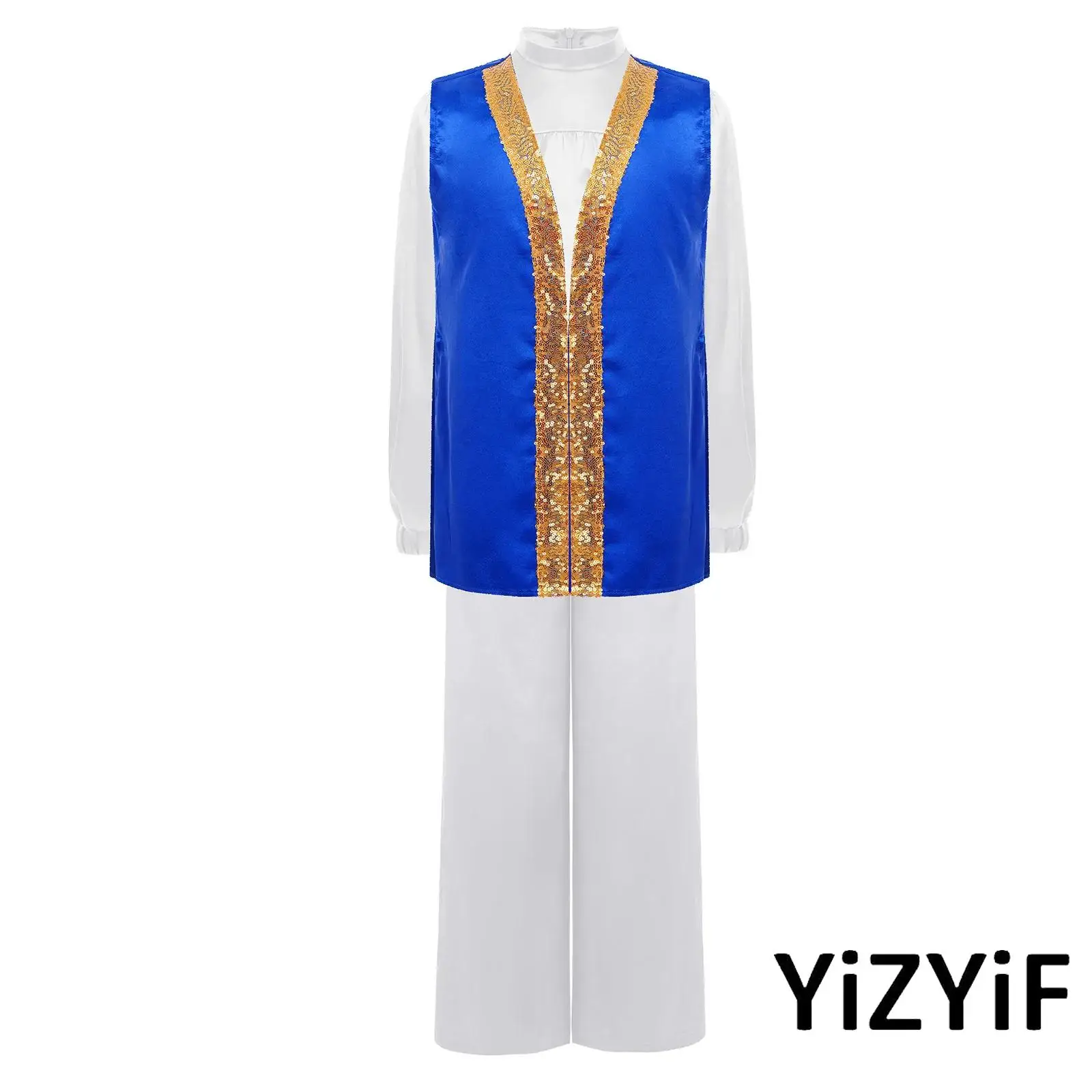 

3Pc Boys Liturgical Praise Dance Outfit Mock Neck Long Sleeve Satin Top+Sleeveless Sides Split Contrast Color Sequins Robe+Pants