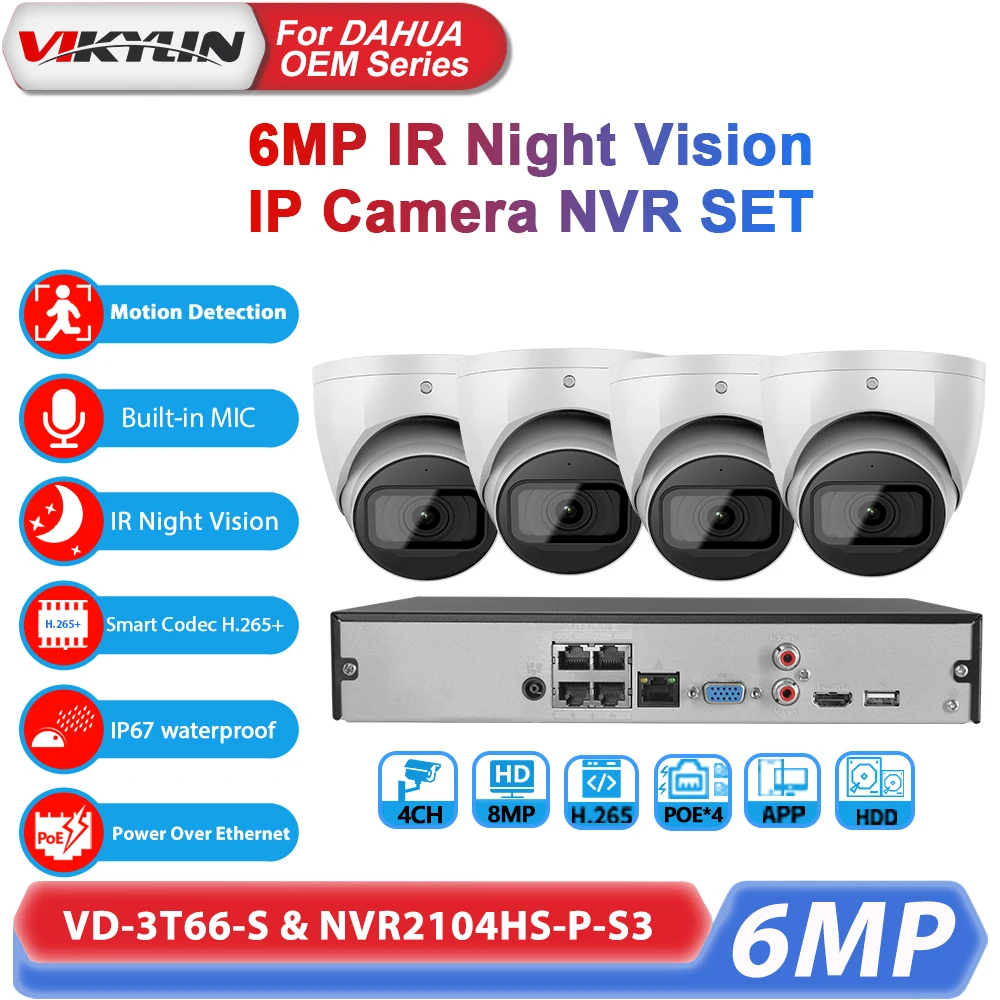 Vikylin 4ch NVR 6mp IP camera SMD 4.0 Video Security System H.265+ video recorder CCTV camera system Kit Support APP View HDD 2T