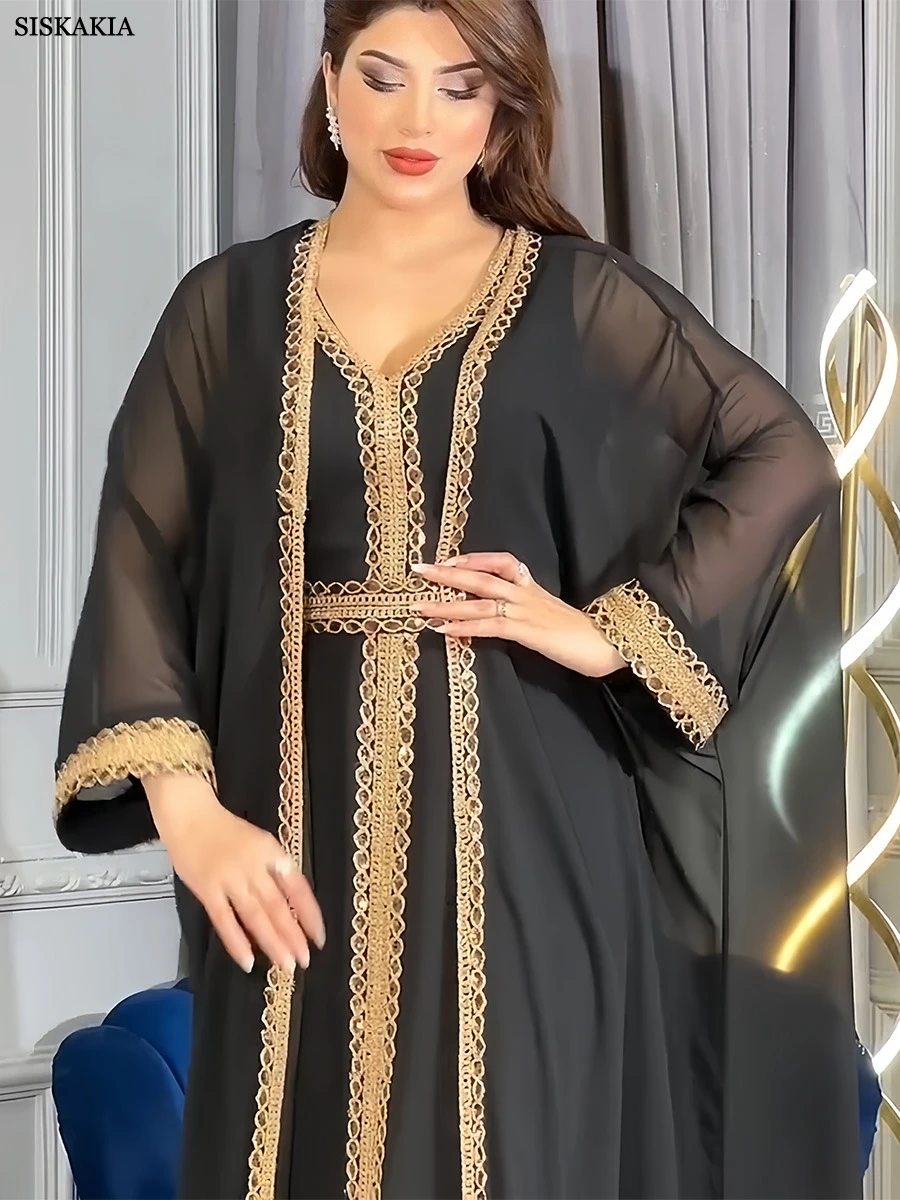 Muslim Fashion Two Piece Sequined Solid Summer V-Neck Abaya And Vest Long Dress Overgarments Islamic Women Moroccan Clothing