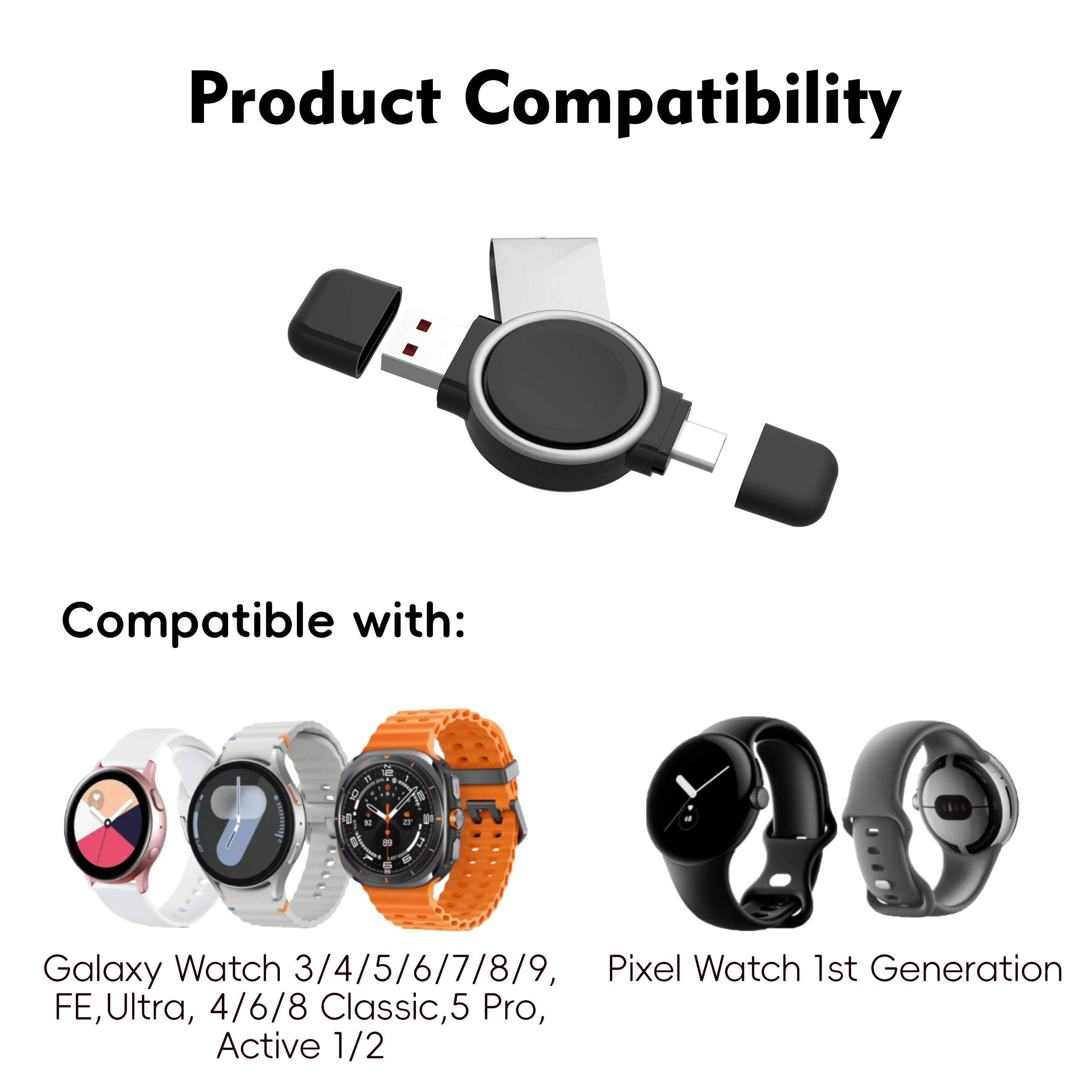 Watch Wireless Charger For Galaxy Watch3/4/5/6/7/8/9 FE Active1/2 Ultra1/2 Type-A Type-C Dock Station Charger Compact Design