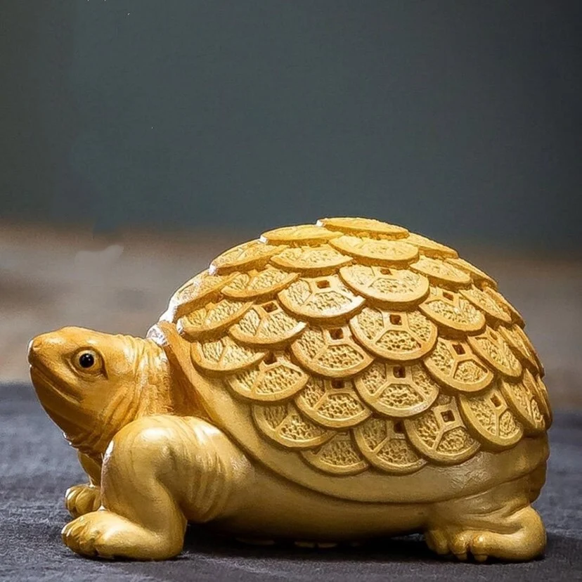 

Cliff cypress wood carving gold dragon turtle statue tea pet handle piece feng shui wealth auspicious home decoration