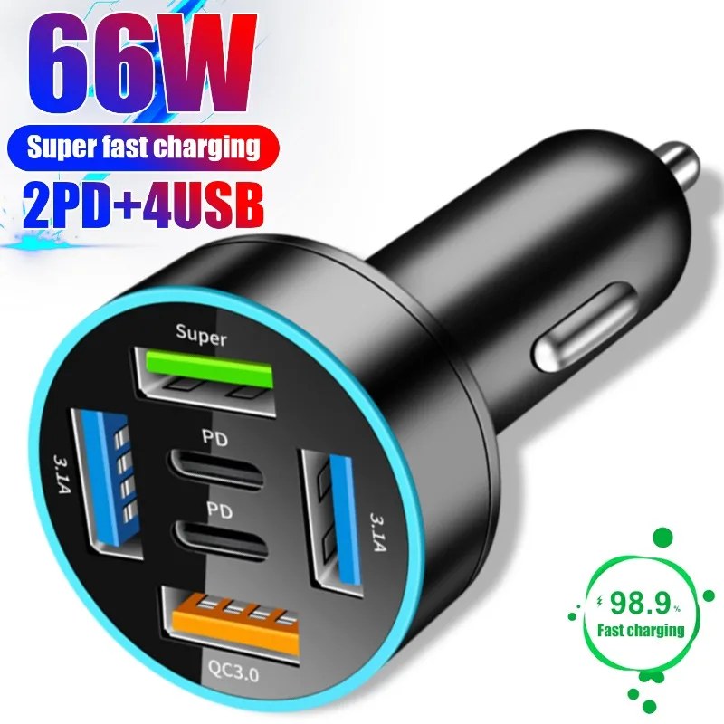 New Digital Display Car Charger Super 66W Fast Charging with 4USB+2PD Car Mobile Phone Adapter PD Mobile Phone Charging Head