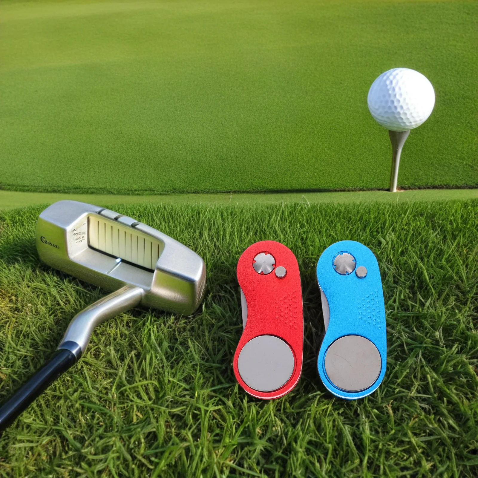 

2pcs Golf Divot Tool Aluminum Alloy Foldable Metal Green Fork Spring Loaded Mechanism Easy Insertion Removal Dual Color Portable