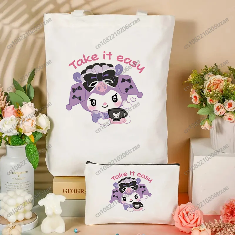 

Sanrio Kuromi Cute Dress Heart Graphic Tote Bag Set Unisex Canvas Bags Shopping Bags Printed Casual Shoulder Bag Makeup Bag
