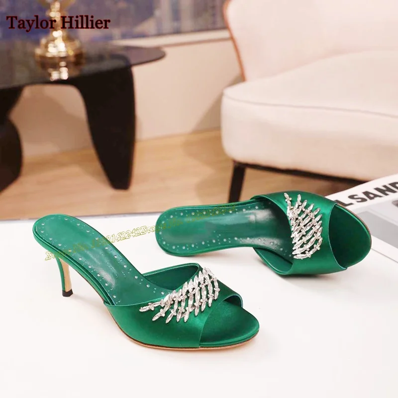 

Silk Rhinestone Leather Slipper Sandals Open Toe Mid Heel 7.5cm Wear Sandals Ladies Luxury Fashion Party Stiletto Heel Slippers