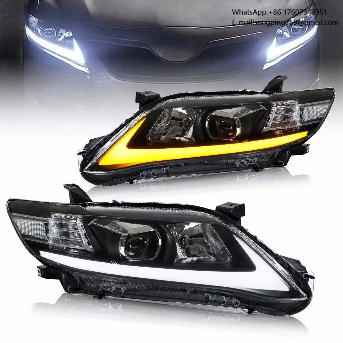 For Toyota Camry 2010-2011 LED Projector Headlights Assembly Fit for US Version W/ Sequential Turn Signal DRL Black Set
