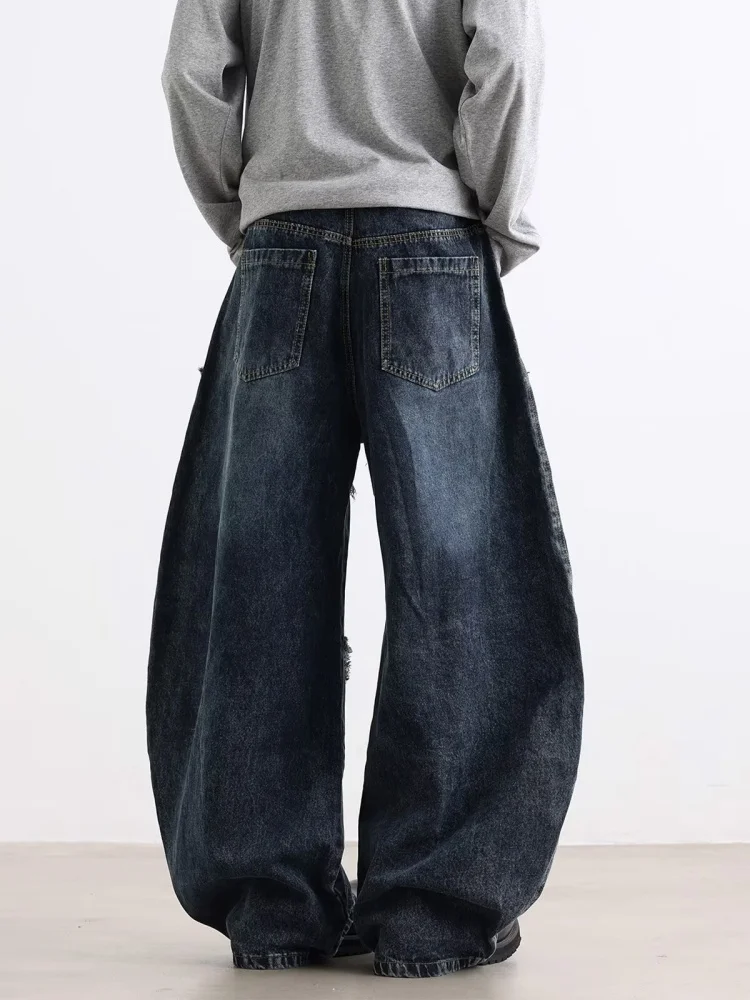 2025 사이버 Y2K 스트리트웨어 스타 패치워크 디스트레스드 블루 배기 진 여성 의류 와이드 레그 올드 레이디 데님 바지