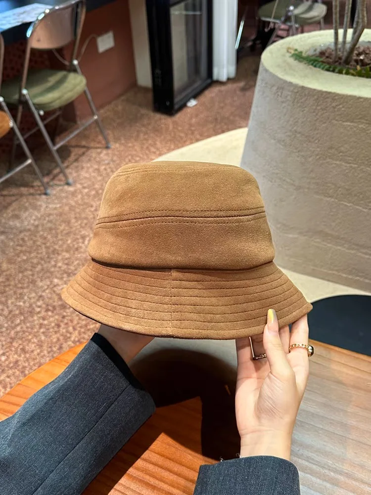 Designer Retro Genuine Leather Suede Sheepskin Women Bucket Hat Lady Fisherman Cap Gorro Women Cover Face Street Flat Hats High