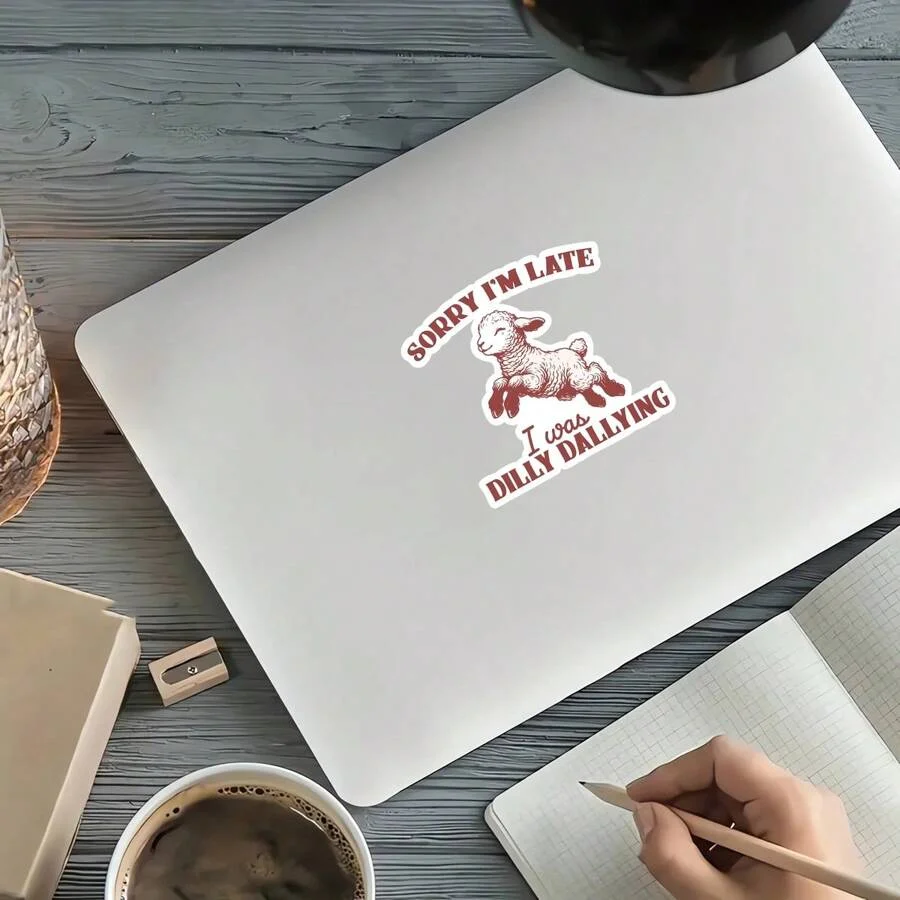 1PC/ Sorry I'M Late I Was Dilly Dallying Sticker, Vintage Animal Sayings, Funny Sloth And Sheep Sticker, Applied To Bumper, Notebook, Water Bottles, Piano, Perfect Friends Gifts - Detail 1