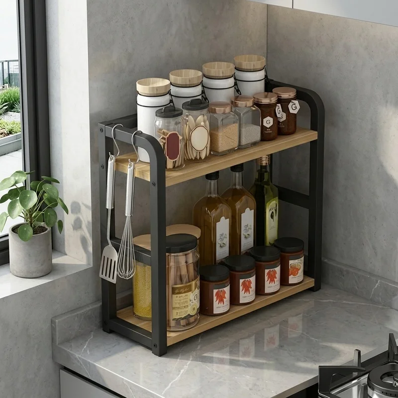 1pc 2-Tier Metal Countertop Shelf, Space-Saving Kitchen Organizer for Coffee Mugs, Spices, Condiments, Rustproof Storage Rack