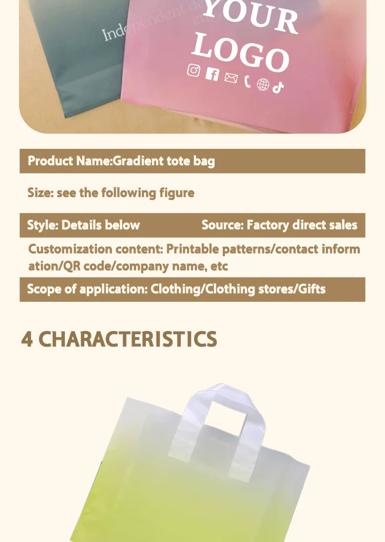 50 Stück Matte Farbverlauf-Handtaschen aus halbtransparentem Kunststoff für Damen, Verpackungsbeutel, Einkaufstasche, Geschenktasche, unterstützt individuelles Logo – Detail 2