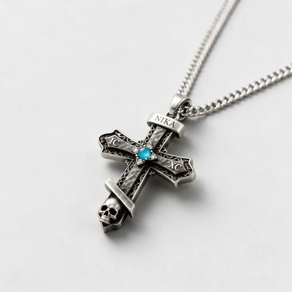 Vintage Gothic Skull Cross Pendant Necklace With Blue Stone Rhinestone Dark Street Hip Hop Cool Collarbone Chain Unisex Jewelry