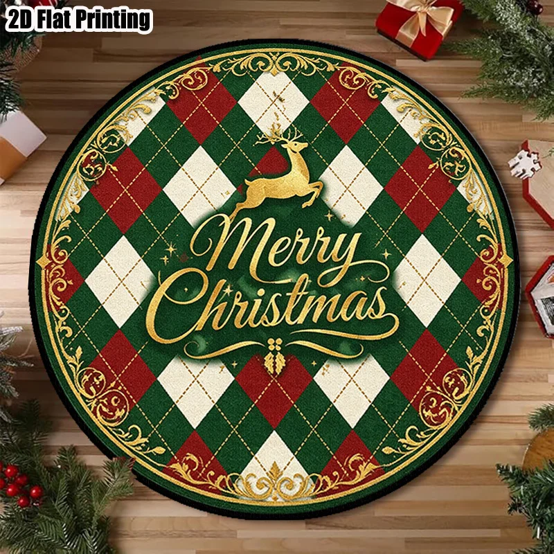 Merry Christmas Round Area Rug Xmas Tree Gift Box Circle Carpet Washable Non Slip Plaid Border Living Room Floor Decor