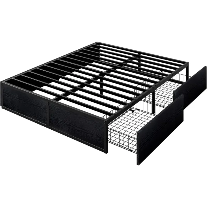 Platform Bed Frame with 2 Configurable Under-Bed Drawers,Full Size Heavy  Metal Base,No Box Spring Needed,Black