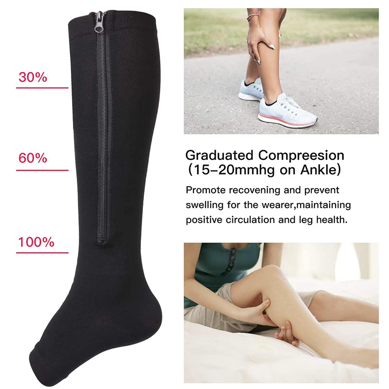 2022 New Women Zipper Compression Socks Zip Leg Support Knee Sox Open Toe Solid Color Sock Fashion and Leak Toe Black Khaki