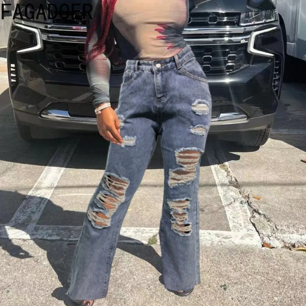 

FAGADOER Blue Fashion Hole Straight Denim Pants Women High Waisted Button Pocket Jean Trousers Female Matching Streetwear 2024