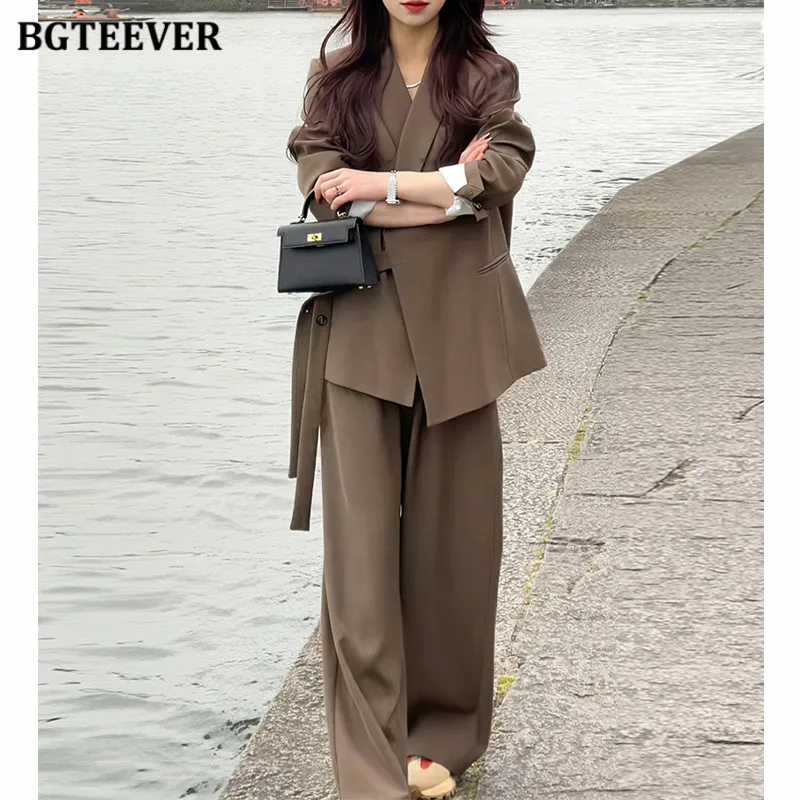 BGTEEVER Stylish Women Blazer Set Long Sleeve Lace-up Jackets & Wide Leg Trousers Suits Women Autumn Pant Suits Female Outfits