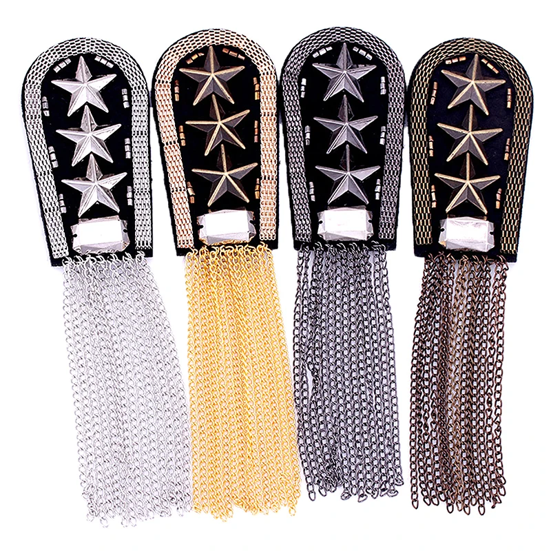 Vintage Five Star Tassel Chain Epaulet Epaulette 1Pcs Fabric & Metal Shoulder Board Badges Beads Military Brooch Pin on Medal
