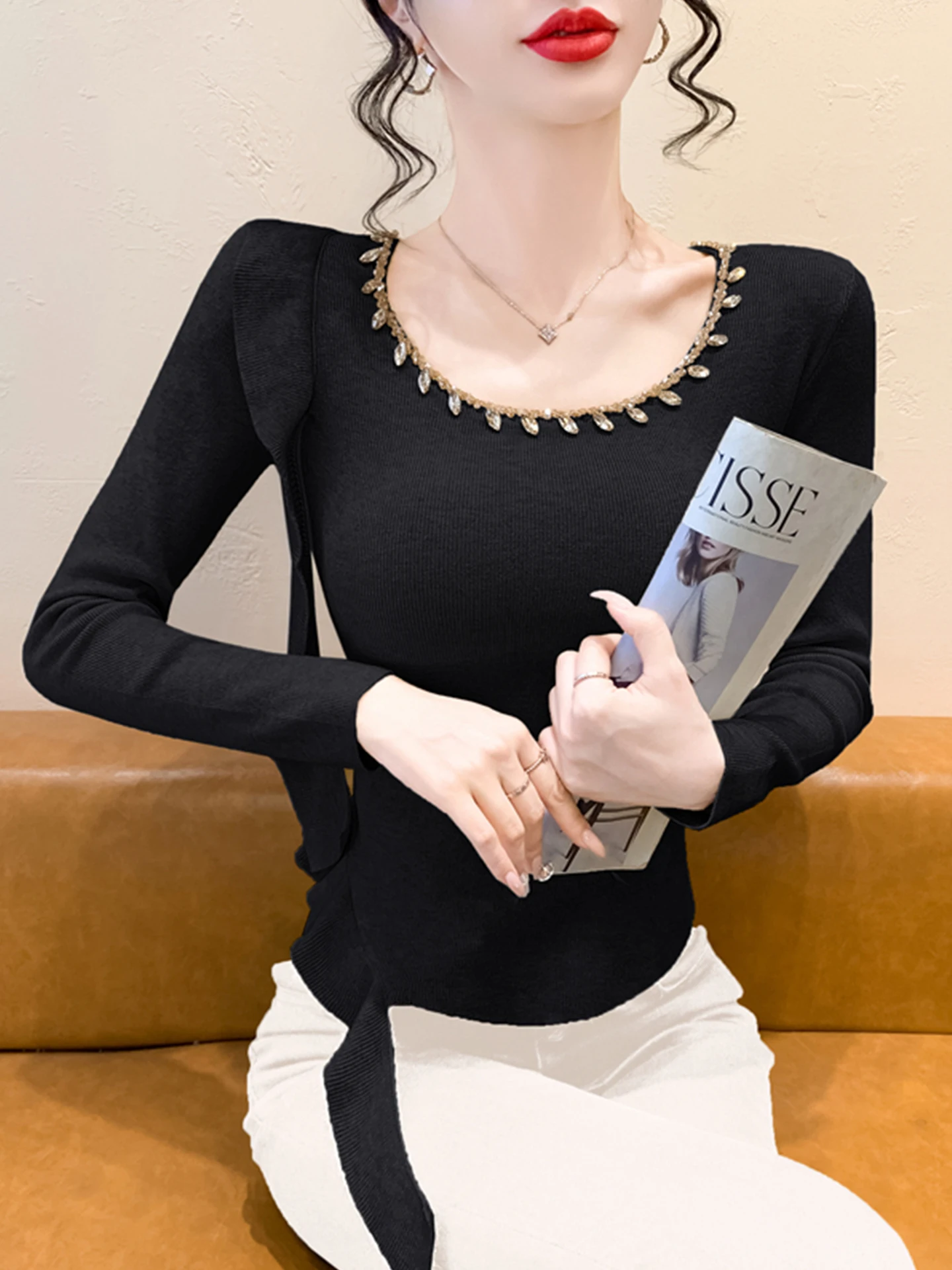 Mujer Slim Fit Long Sve Base de punto irt Asimétrico Empalme Cinturón Ropa interior Top principios de otoño Nuevo Sle Poliéster...