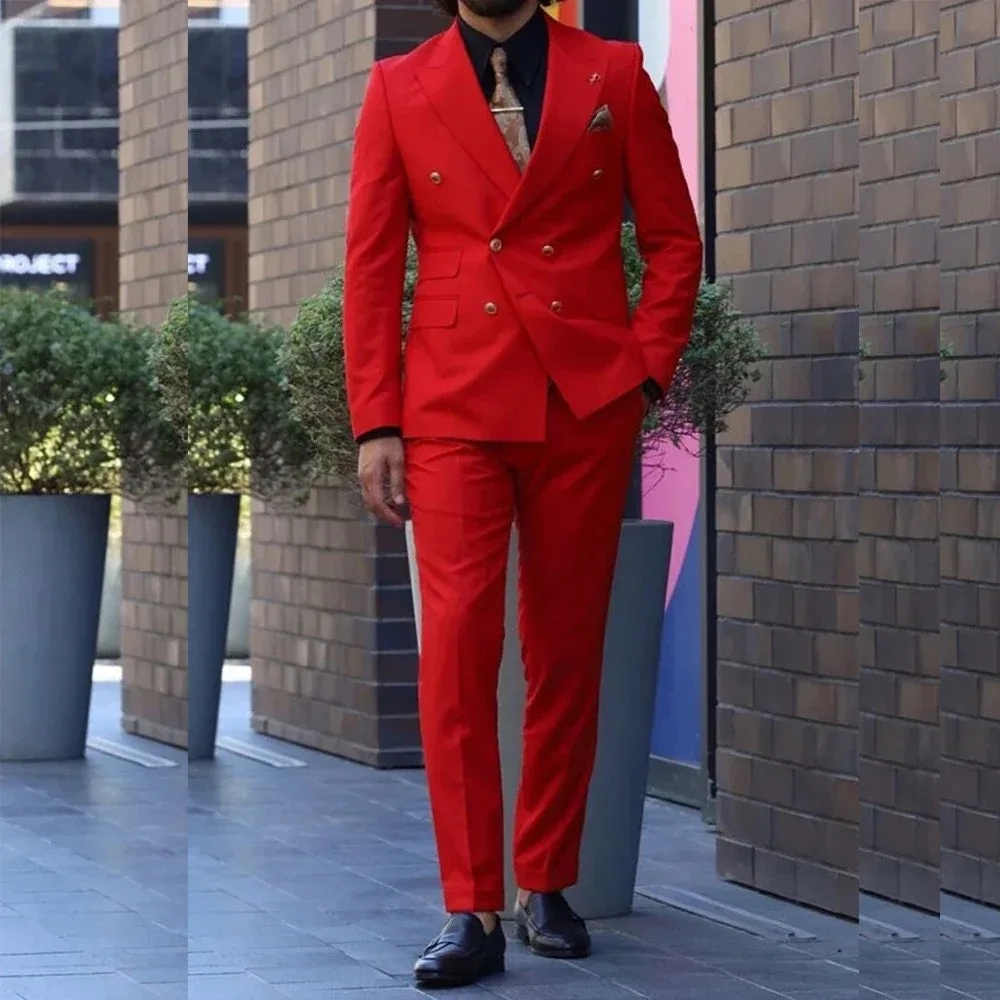 Thorndike Double Breasted Red Loose Flat 2 Piece Jacket Pants Slim Fit Elegant Men's Suits Formal Evening Party Costume Homme